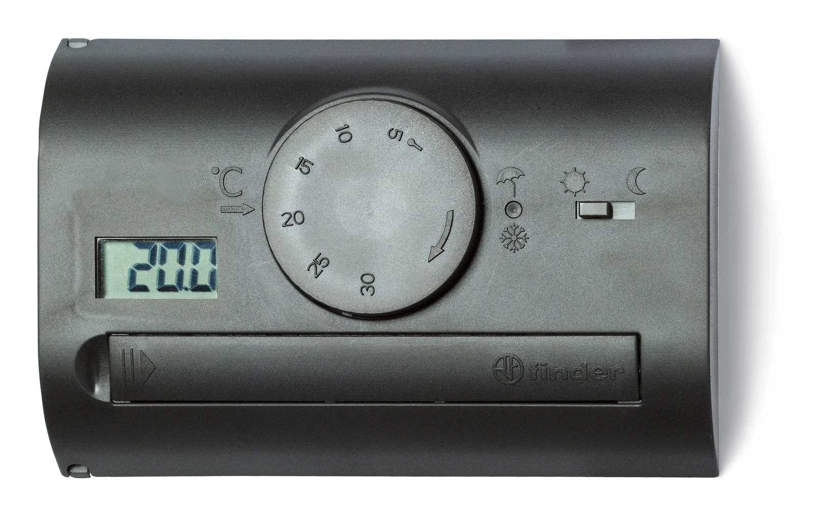 1T.41.9.003.2000 — Комнатный термостат; питание 3В DС; 1СО 5А; монтаж на стену; поворотная ручка, переключатель ДЕНЬ/НОЧЬ; дисплей; цвет черный